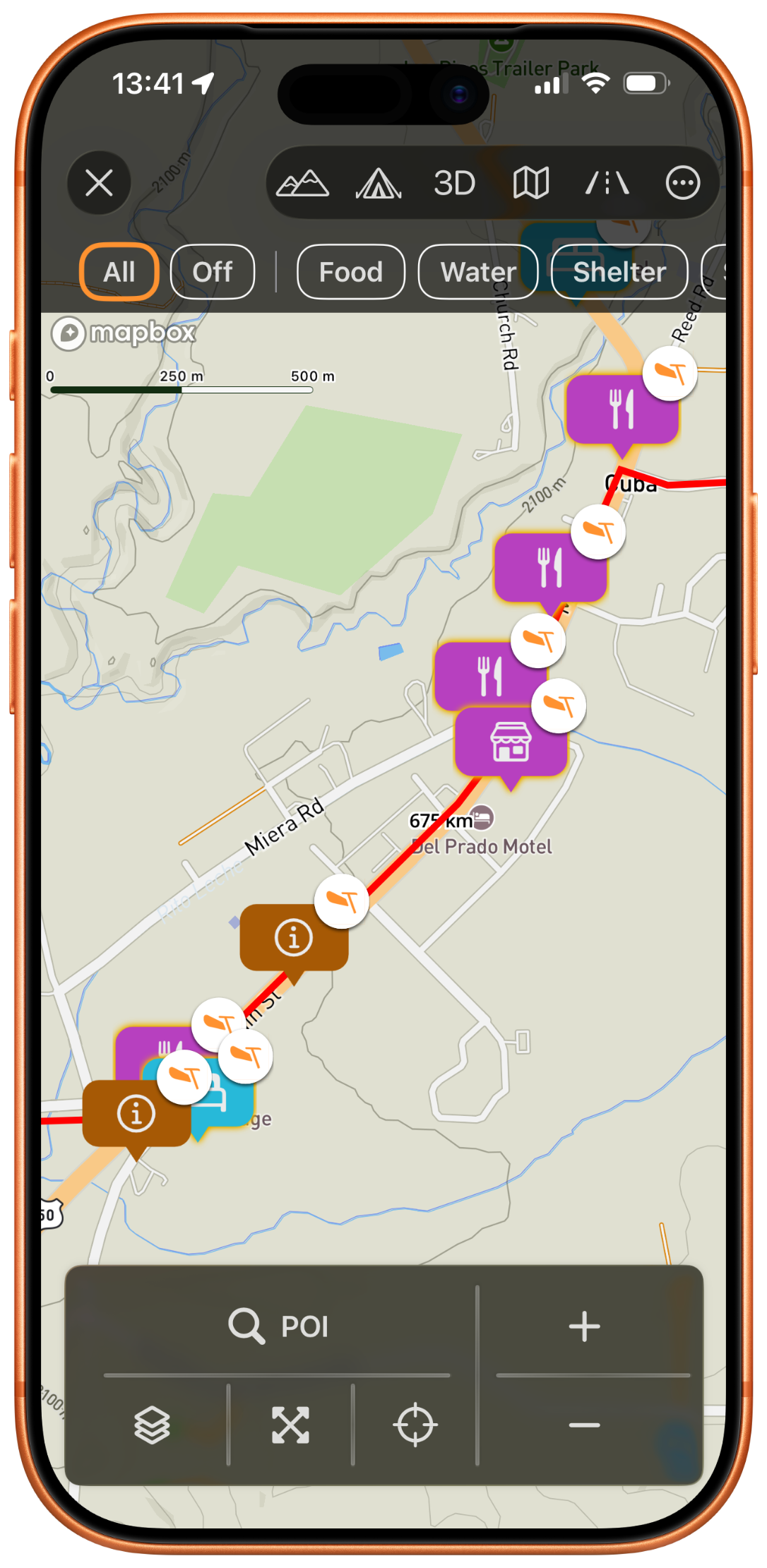 Critical POI showing food, shelter, and resupply points along a bikepacking route through Cuba, New Mexico